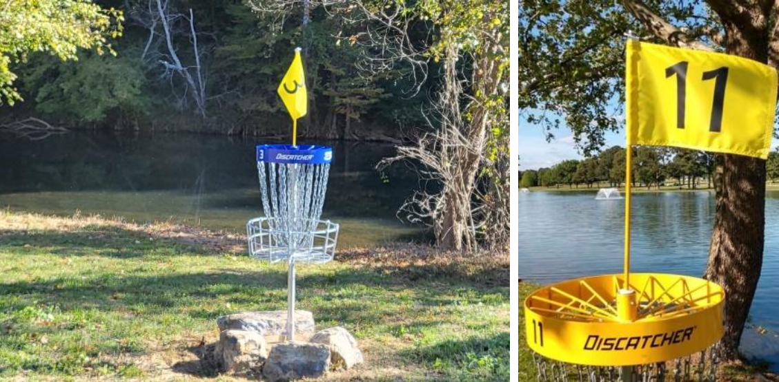Disc golf and traditional baskets side by side.